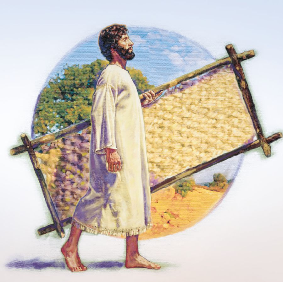 Ein von Jesus geheilter Mann trägt seine Trage davon