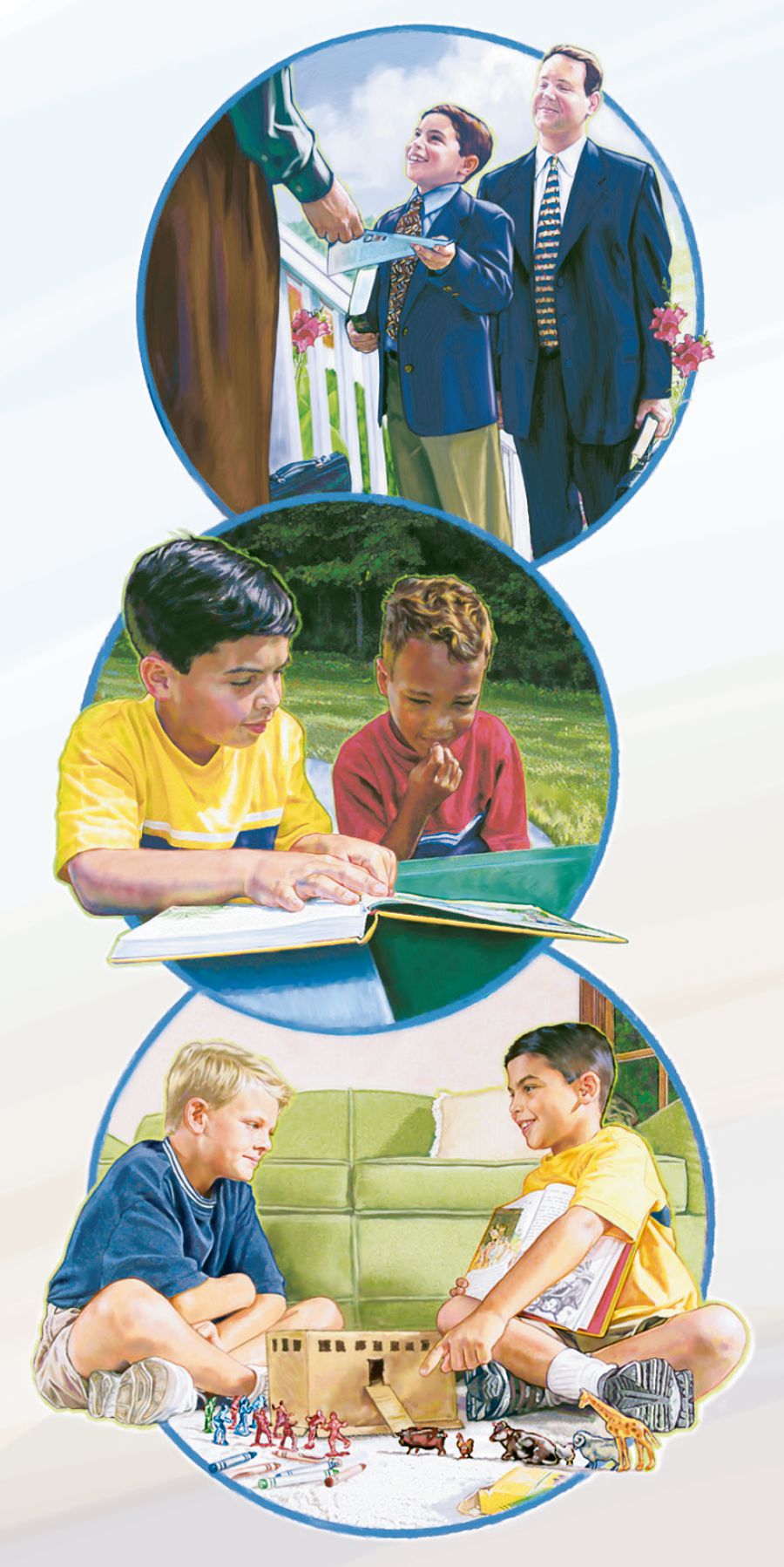 Ein Junge predigt einem Mann; er zeigt einem Jungen Mein Buch mit biblischen Geschichten; er baut mit einem anderen Jungen die Arche nach