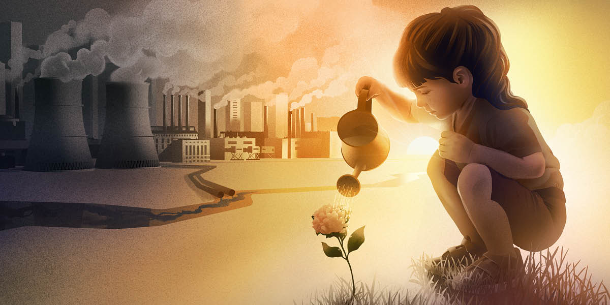 Ein kleines Mädchen gießt eine Blume. Im Hintergrund sieht man, wie die Industrie die Umwelt verschmutzt.
