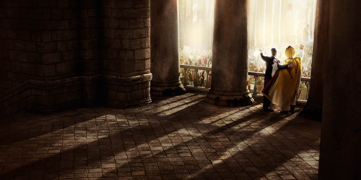 Ein Politiker und ein Geistlicher Arm in Arm; sie winken der Menge zu.