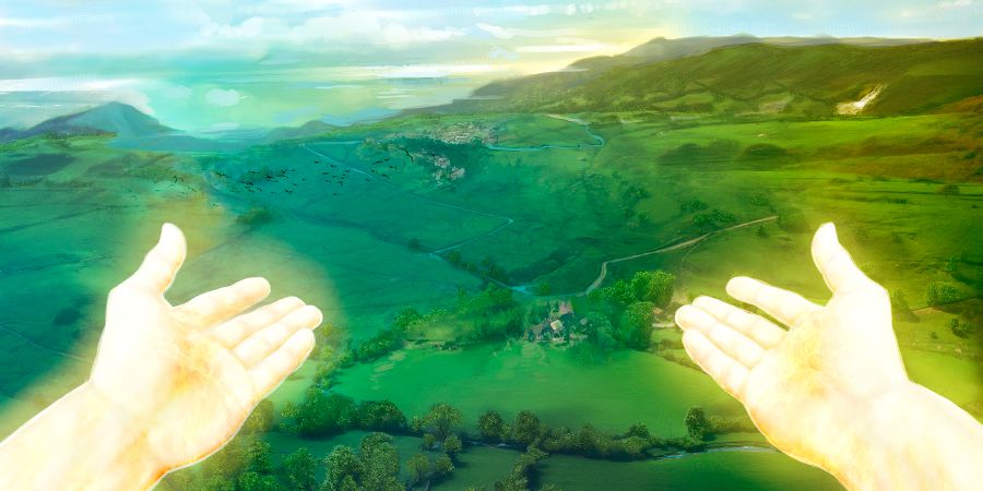 Das Paradies auf der Erde mit Jesu ausgebreiteten Händen im Vordergrund