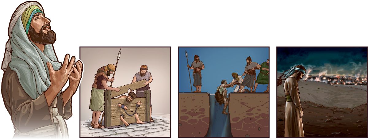 Jeremia wird in den Stock gelegt, aus einer verschlammten Zisterne gerettet und trauert über die Zerstörung Jerusalems