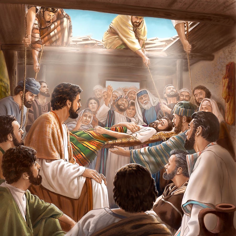 Ein Gelähmter wird auf einer Trage durch eine Dachöffnung zu Jesus hinuntergelassen