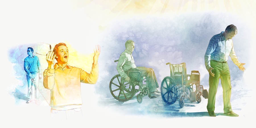 Ein Blinder kann wieder sehen; ein Gelähmter steht aus seinem Rollstuhl auf