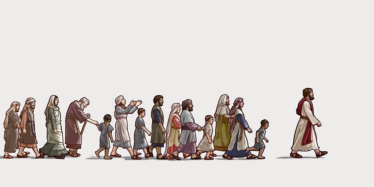 Junge und ältere Menschen folgen Jesus