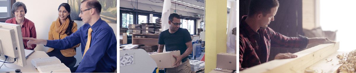 Drei Brüder und Schwestern im Bethel arbeiten gemeinsam an einem Projekt am Computer; ein Bruder packt Literatur in Kartons; ein Bruder arbeitet als Zimmermann im Bethel