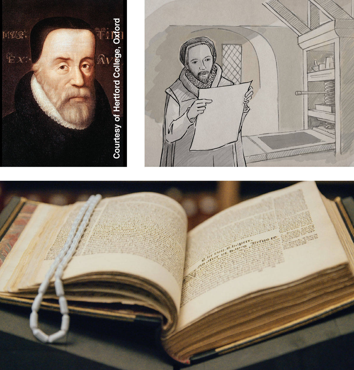 William Tyndale; William Tyndale an seiner Druckpresse; ein Exemplar von Tyndales erster Ausgabe des Neuen Testaments