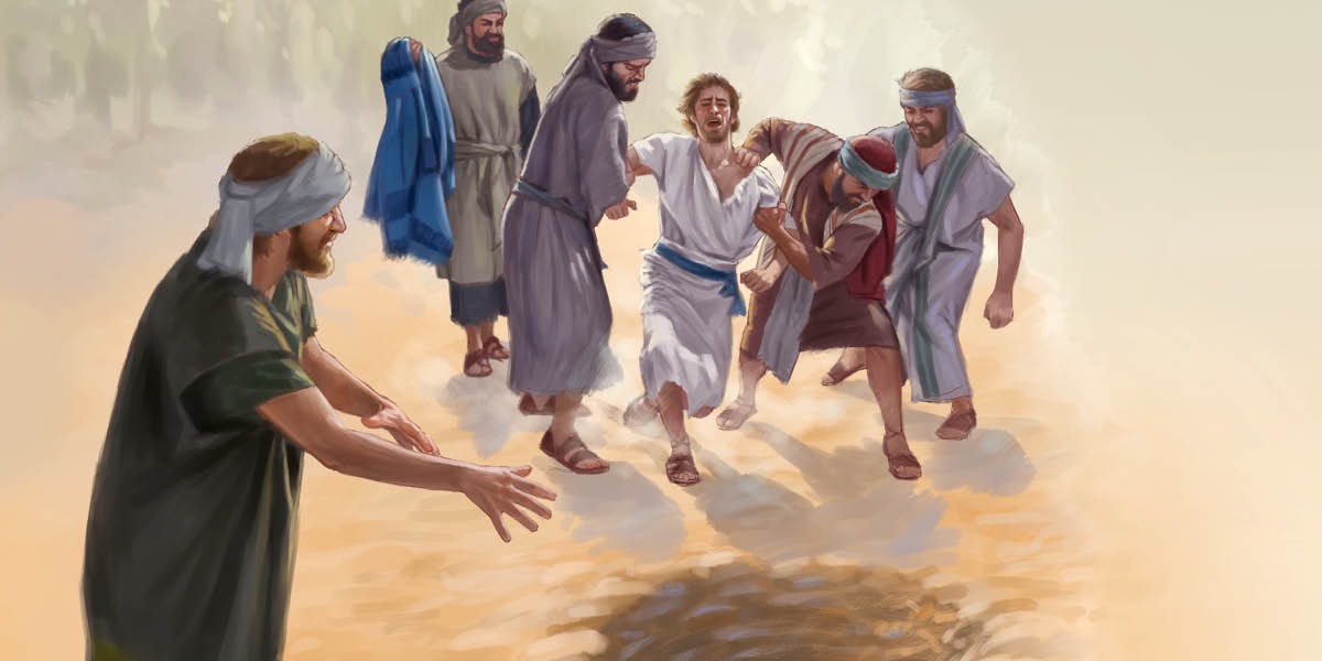 Josephs Brüder schleifen ihn zu einer ausgetrockneten Wassergrube. Einer seiner Brüder hat Josephs besonderes Gewand in der Hand.