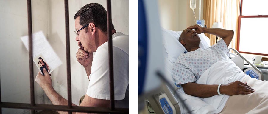 Bildcollage: 1. Ein Bruder befindet sich in einer Gefängniszelle und liest einen Brief von seiner Familie. 2. Ein Bruder in einem Krankenhausbett.