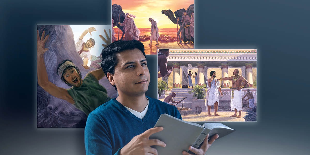 Bildcollage: Ein junger Bruder stellt sich Begebenheiten vor, die er in der Bibel über Joseph gelesen hat. 1. Joseph fällt in eine ausgetrocknete Wassergrube. 2. Joseph geht mit einer midianitischen Karawane nach Ägypten. 3. Potiphars Frau beobachtet aus der Entfernung Joseph, der mit ihrem Mann spricht.