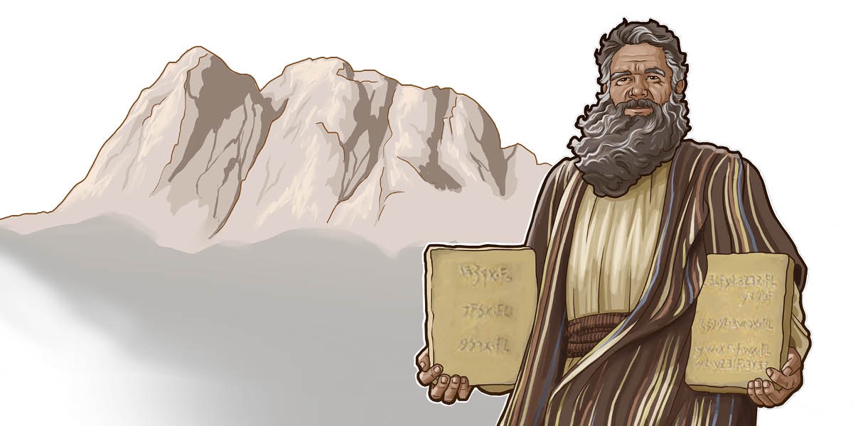 Moses steht vor dem Berg Sinai und hält die zwei Steintafeln mit den Zehn Geboten in den Händen.