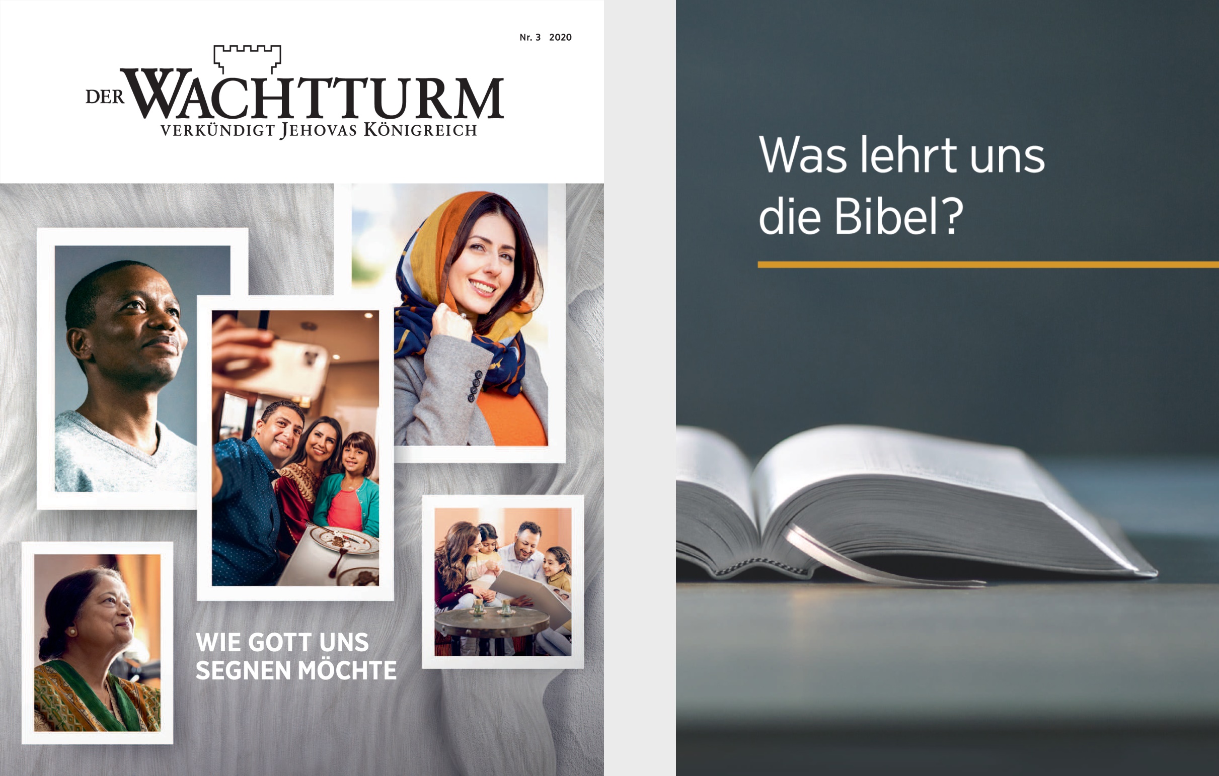 Das Buch „Was lehrt uns die Bibel?“ und „Der Wachtturm“ Nr. 3 2020.