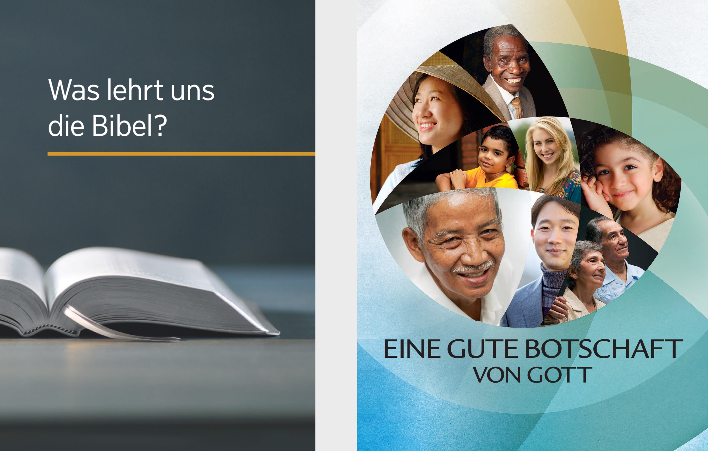 Das Buch „Was lehrt uns die Bibel“ und die Broschüre „Eine gute Botschaft von Gott“.