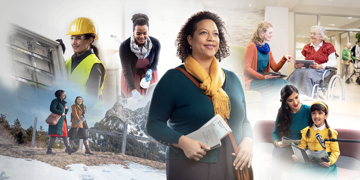 Bildcollage: Schwestern freudig bei verschiedenen Tätigkeiten. 1. Eine Schwester ist im Predigtdienst. 2. Eine Schwester arbeitet auf einer Baustelle. 3. Eine Schwester hilft bei der Reinigung des Königreichssaals. 4. Eine Schwester zeigt einer älteren Schwester, wie man ein Tablet bedient. 5. Eine Schwester unterstützt ihre kleine Tochter, die einen Kommentar gibt. 6. Zwei Schwestern sind trotz Kälte im Dienst.