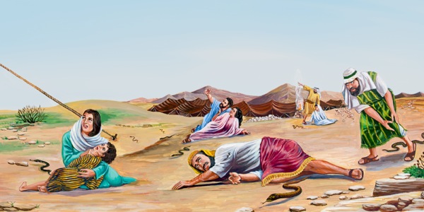 Israeliten werden von Schlangen gebissen und schauen zur Kupferschlange, die Moses gemacht hat