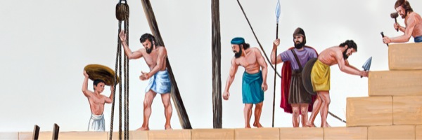 Einige Israeliten bauen, während andere Wache halten