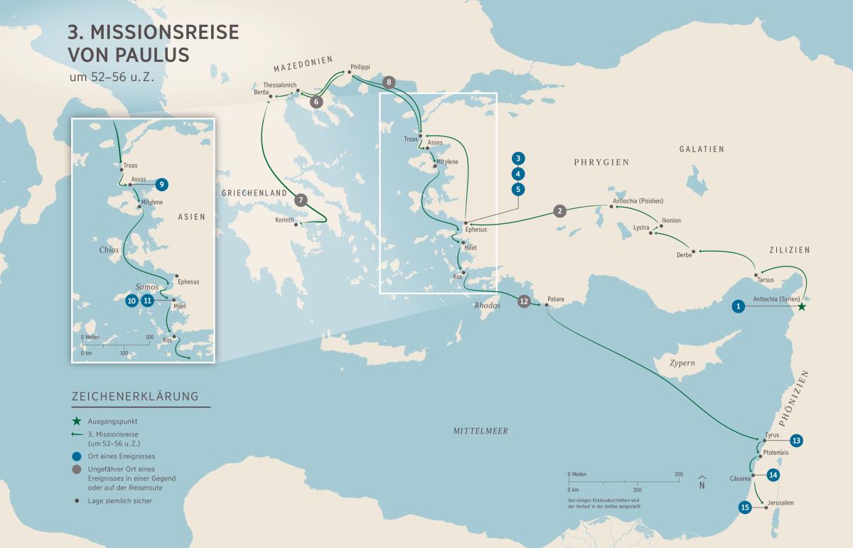 Apostel­geschichte: 3. Missionsreise von Paulus um 52–56 u. Z. (Apg 18:23 bis 21:17)