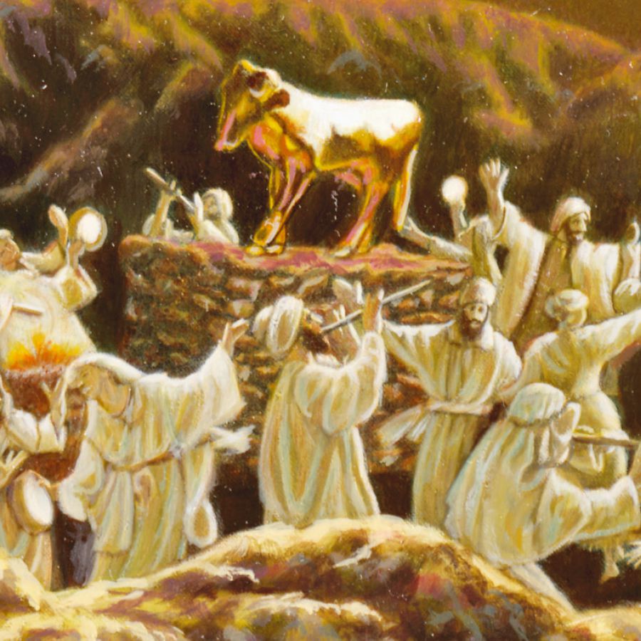 Menschen singen und tanzen dabei um ein goldenes Kalb