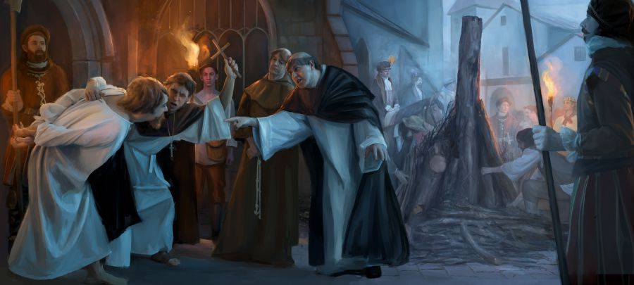 Eine Szene aus dem finsteren Mittelalter, als die Christenheit die Macht hatte: Geistliche sind dabei, einen aufrichtigen Christen auf einem Scheiterhaufen zu verbrennen.