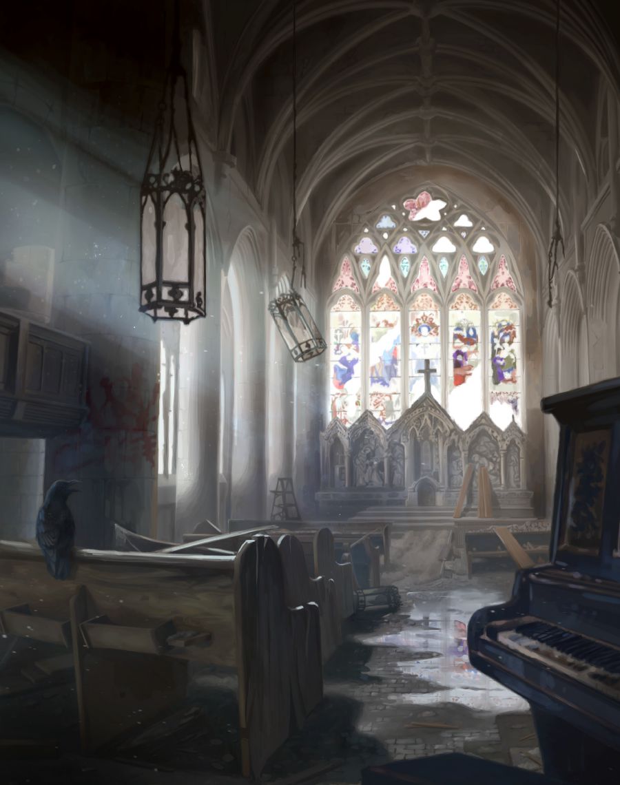 Das Innere einer verwüsteten Kirche. Die Möbel, die Fenster und die Hängelampen sind kaputt und es ist Graffiti an den Wänden.