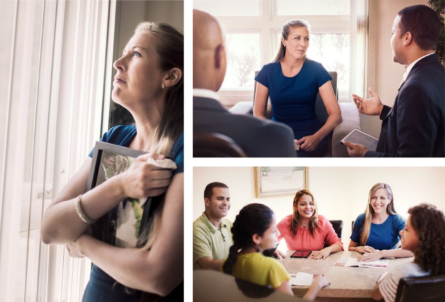 Fotocollage: Wir sind von Jehovas loyaler Liebe nie abgeschnitten. 1. Eine verwitwete Schwester sieht aus dem Fenster und hält ein Hochzeitsfoto fest. 2. Zwei Älteste trösten die Schwester. 3. Eine Familie lädt die Schwester zum Familienstudium ein.