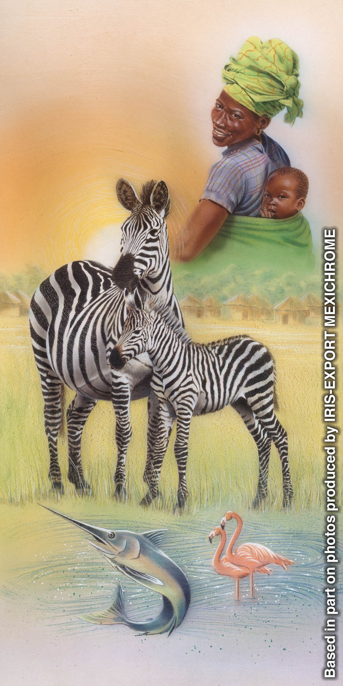 Eine Frau mit ihrem Baby, Zebras, ein Schwertfisch und Flamingos