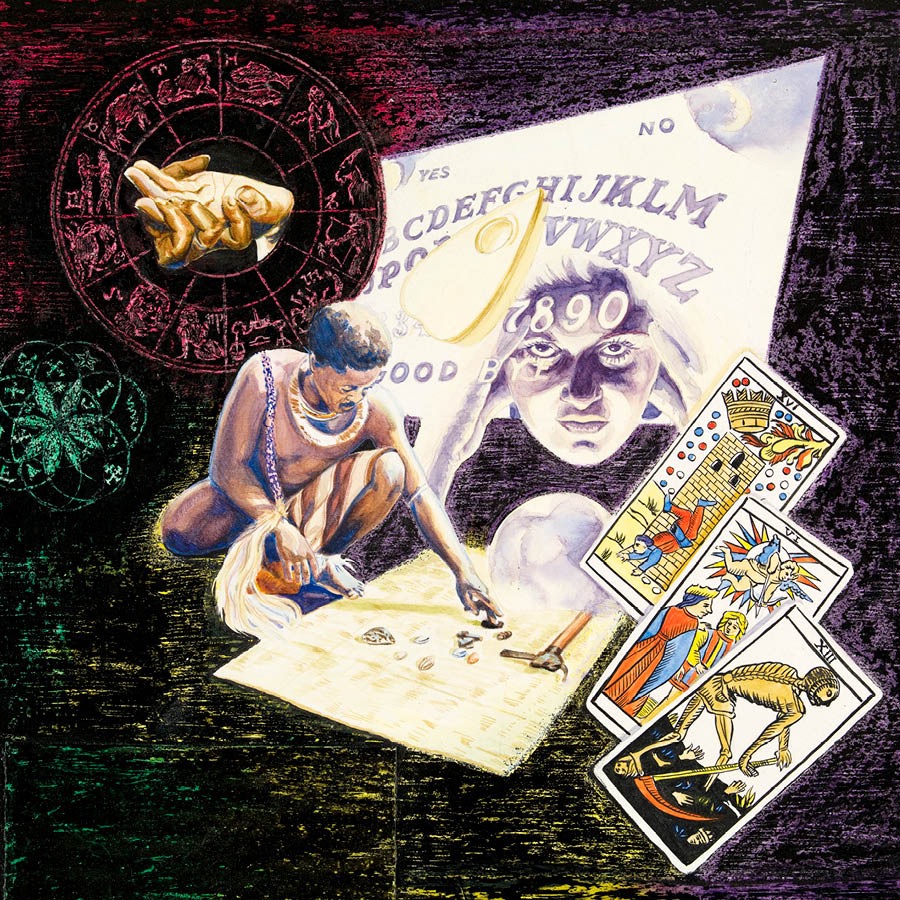 Verschiedene Praktiken, die mit Spiritismus zu tun haben, wie Kartenlegen, Horoskop, Alphabettafel