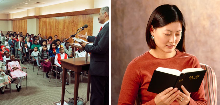 Zum wahren Glauben gehört es, die Zusammenkünfte von Jehovas Zeugen zu besuchen und in der Bibel zu lesen