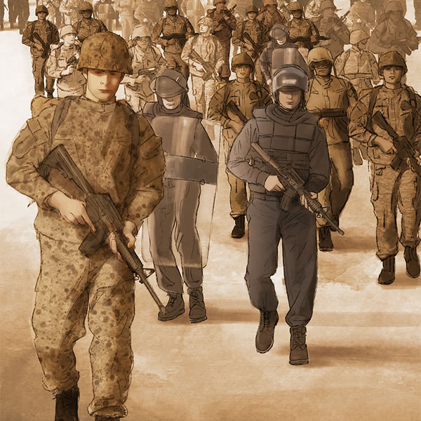 Bewaffnete Soldaten und Spezialeinheiten der Polizei