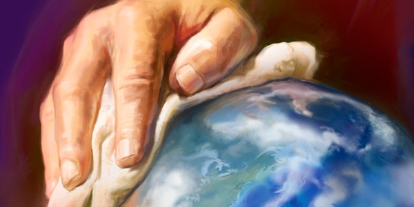 Jesu Hand mit einem Tuch; es sieht aus, als würde er die Erde sauber wischen