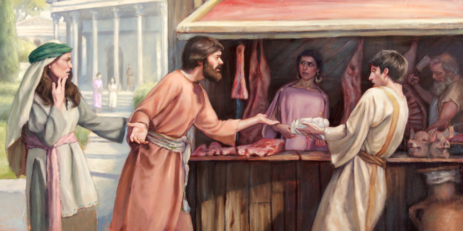 Auf einem Markt im 1. Jahrhundert stört sich ein Ehepaar daran, dass ein Glaubensbruder Fleisch kauft