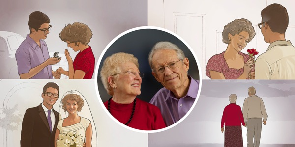 1. Ein glückliches älteres Ehepaar. 2. Dasselbe Ehepaar bei seiner Verlobung, an seinem Hochzeitstag, wie es einen besonderen Moment erlebt und im Alter Hand-in-Hand geht