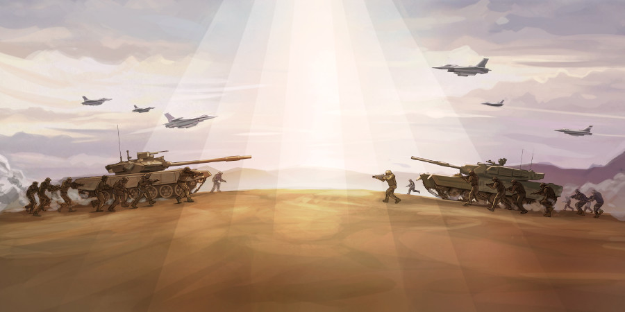 Panzer, Soldaten und Bomber kommen aufeinander zu