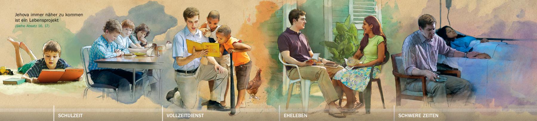 Ein Mann arbeitet an einem engen Verhältnis zu Jehova: 1. in der Schulzeit, 2. als Vollzeitdiener, 3. als Ehemann, 4. in schweren Zeiten