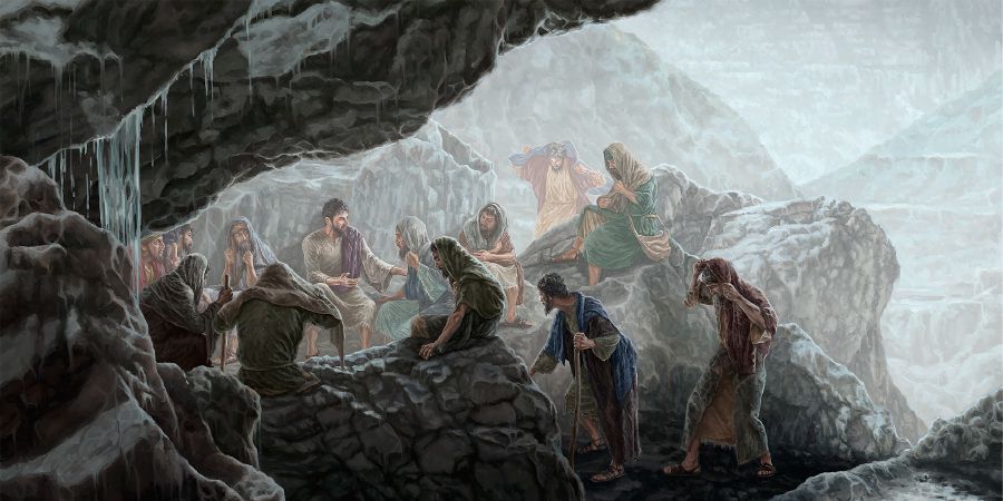 Jesus und seine Jünger suchen Schutz vor dem Regen