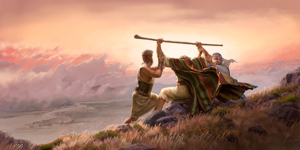 Moses hält den Stab des wahren Gottes hoch, während Aaron und Hur seine Arme stützen