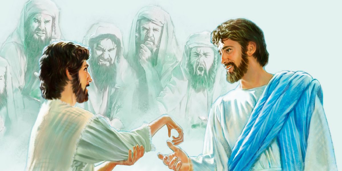 Jesus zeigt einem Mann mit einer verdorrten Hand Mitgefühl