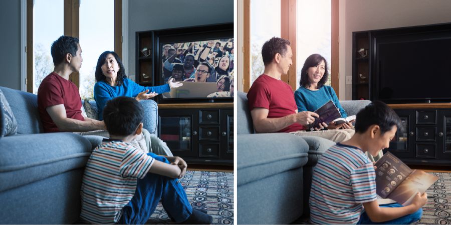 Eine Familie ist besorgt, als sie im Fernsehen politische Unruhen sieht, doch biblische Prophezeiungen machen der Familie wieder Mut