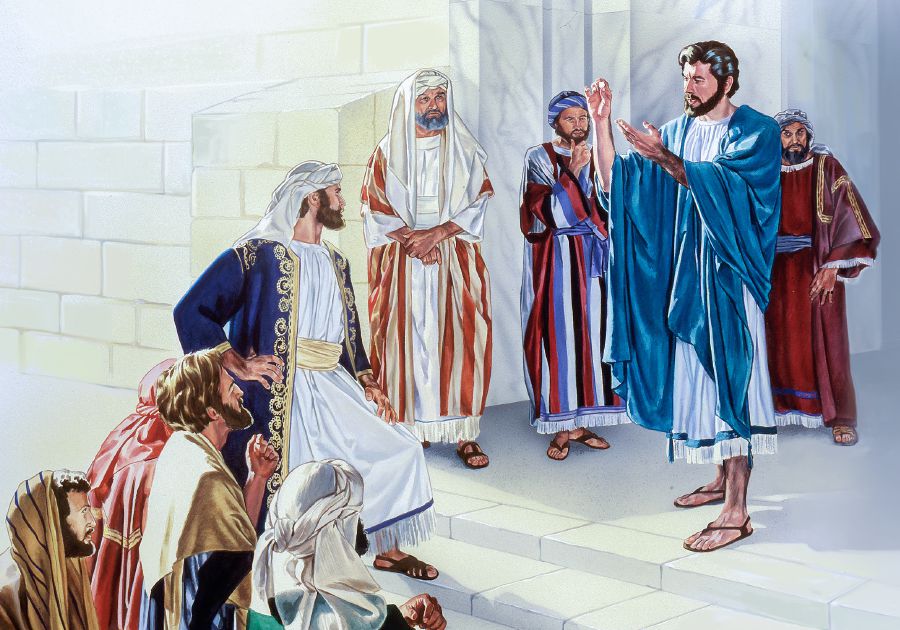 Jesus hält eine Steuermünze hoch und antwortet auf die Fangfragen der Pharisäer