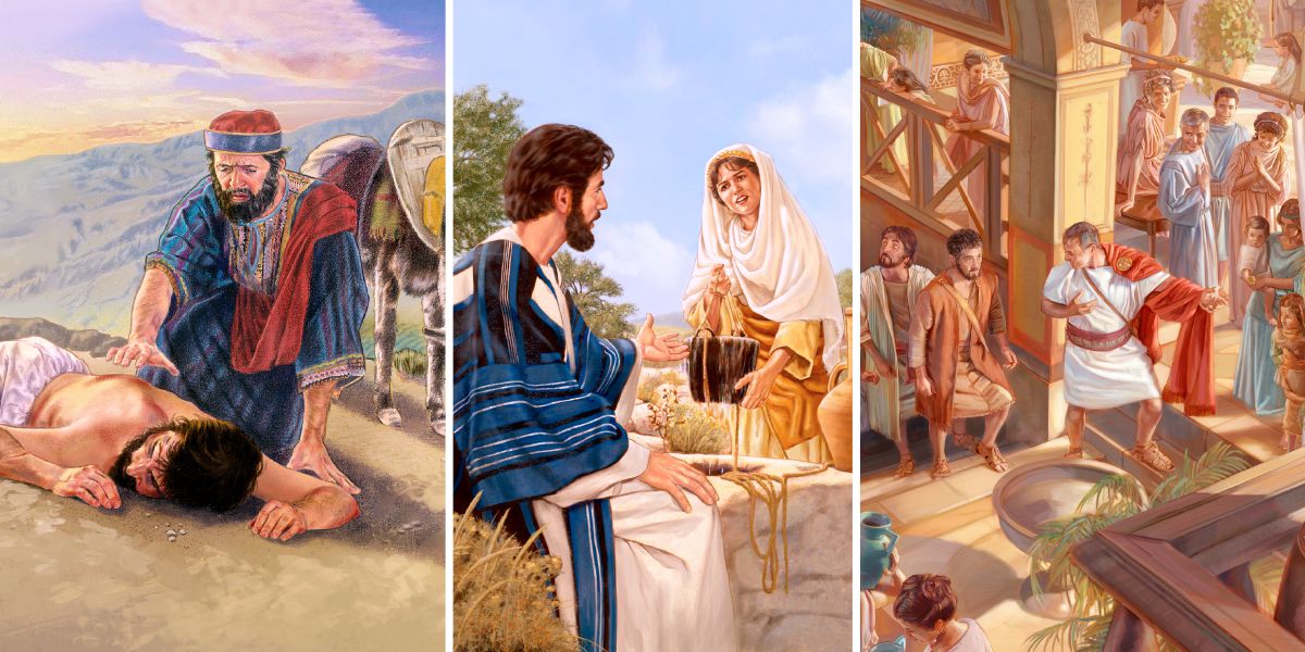 Der barmherzige Samariter nähert sich einem verletzten jüdischen Reisenden; Jesus spricht zu einer Samariterin am Brunnen; Petrus betritt das Haus von Kornelius