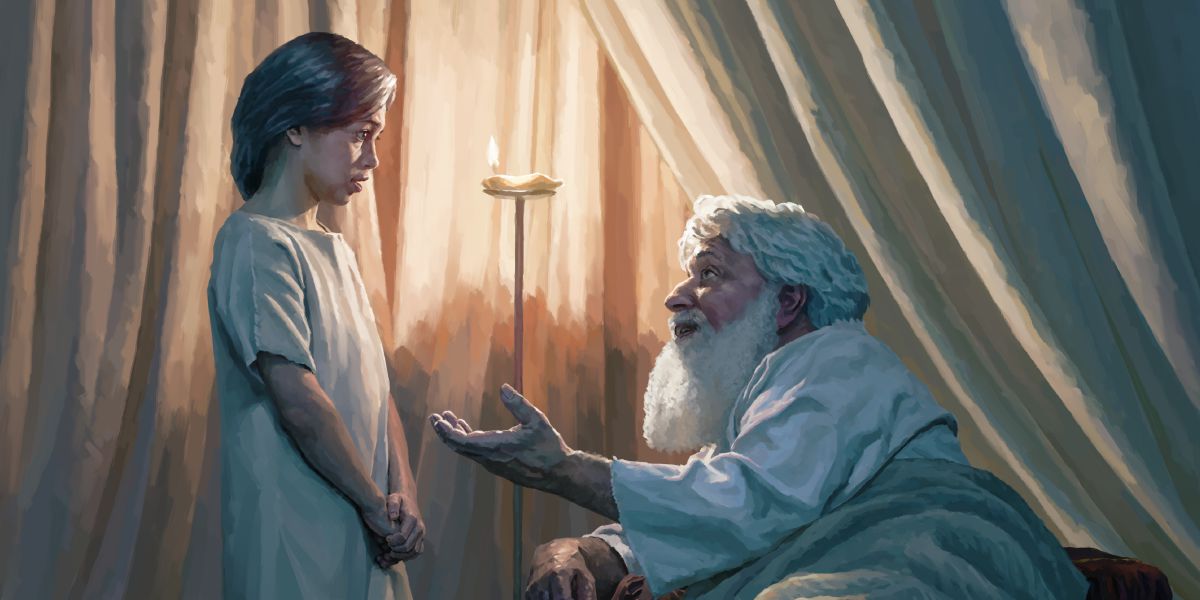Der Hohe Priester Eli erklärt dem kleinen Samuel, wie er auf Jehovas Ruf reagieren soll