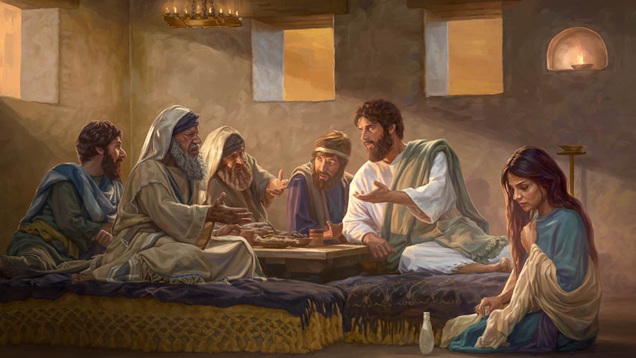 Eine Frau hat gerade die Füße von Jesus mit ihren Tränen benetzt, sie mit ihren Haaren abgetrocknet und Öl darüber gegossen