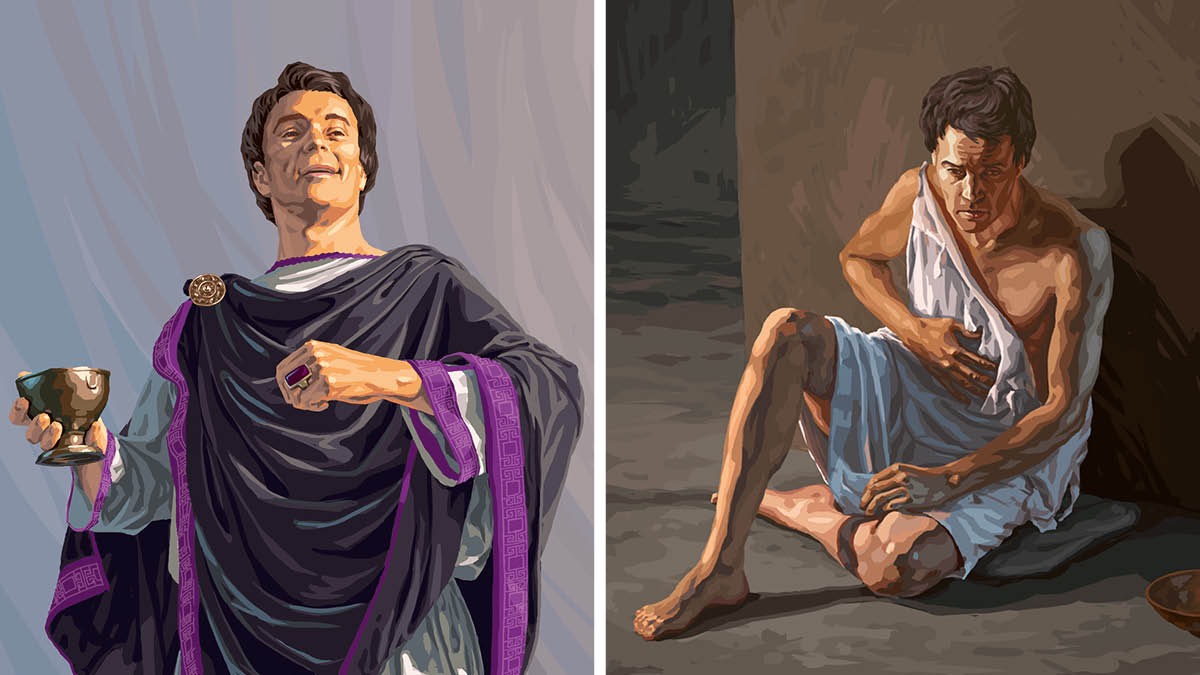 Ein Mann aus Laodicea ist in ein purpurrotes Gewand gekleidet, er trägt Schmuck und hält einen goldenen Becher in der Hand; derselbe Mann ist armselig gekleidet und unterernährt