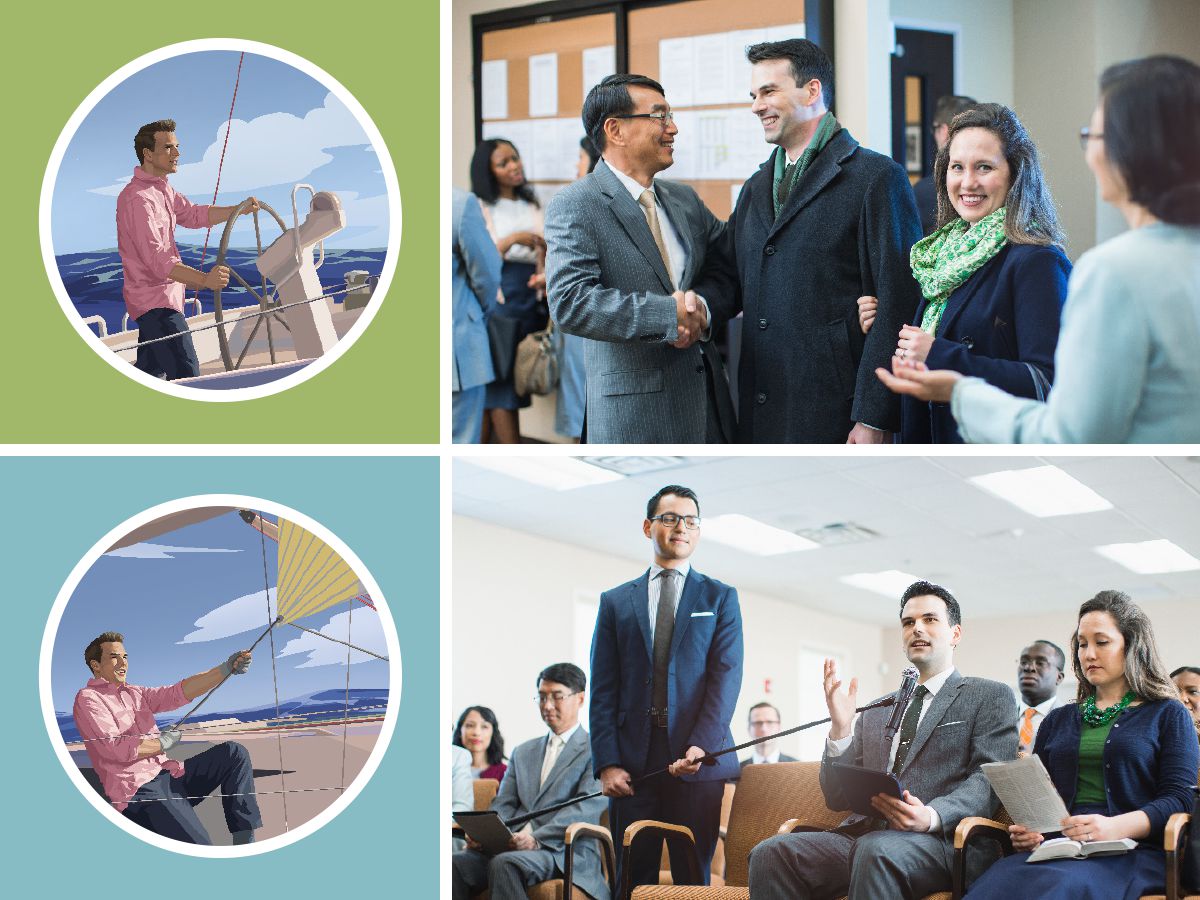 Vier Szenen, in denen das Segeln mit theokratischen Aktivitäten verglichen wird. 1. Ein Bruder bringt sein Boot dahin, wo Wind weht. 2. Der Bruder und seine Frau kommen in den Königreichssaal. 3. Der Bruder richtet sein Segel nach dem Wind. 4. Der Bruder gibt in der Zusammenkunft einen Kommentar.