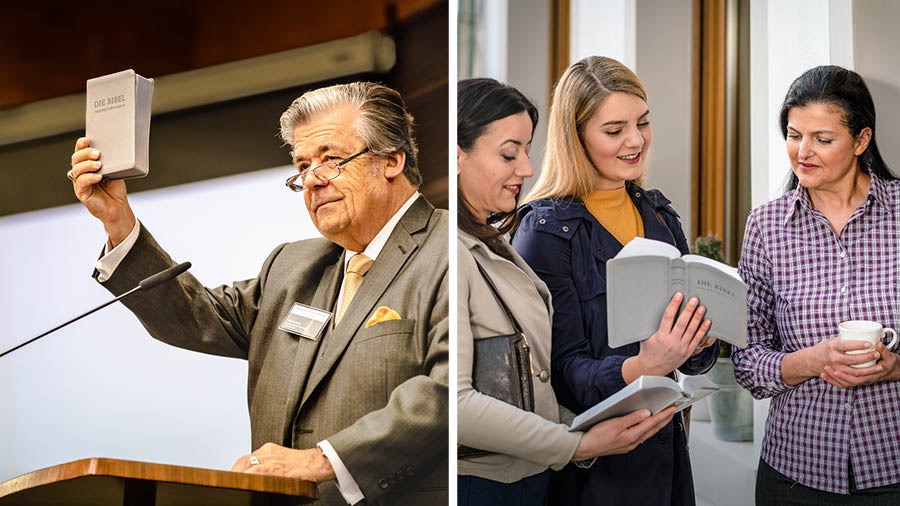 Gerrit Lösch von der leitenden Körperschaft stellt die revidierte deutsche Neue-Welt-Übersetzung vor; zwei Schwestern in Deutschland verwenden die neue Bibel im Dienst