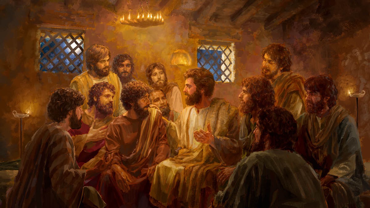 Jesus spricht mit seinen treuen Aposteln.