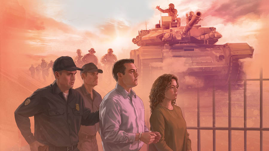 Zwei Beispiele für Unterdrückung: 1. Ein Soldat auf einem Militärpanzer, andere Soldaten folgen ihm zu Fuß. 2. Polizeibeamte führen ein christliches Ehepaar in Handschellen ab.