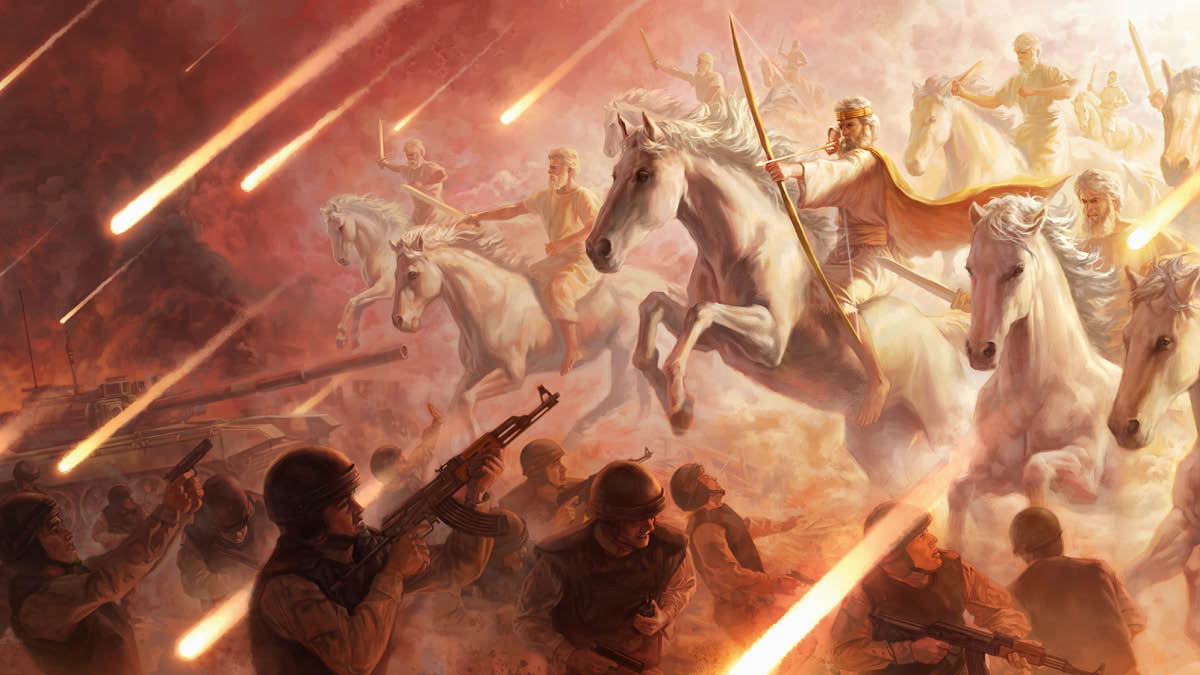 Jehovas himmlische Streitkräfte auf weißen Pferden im Kampf mit bewaffneten Menschen.