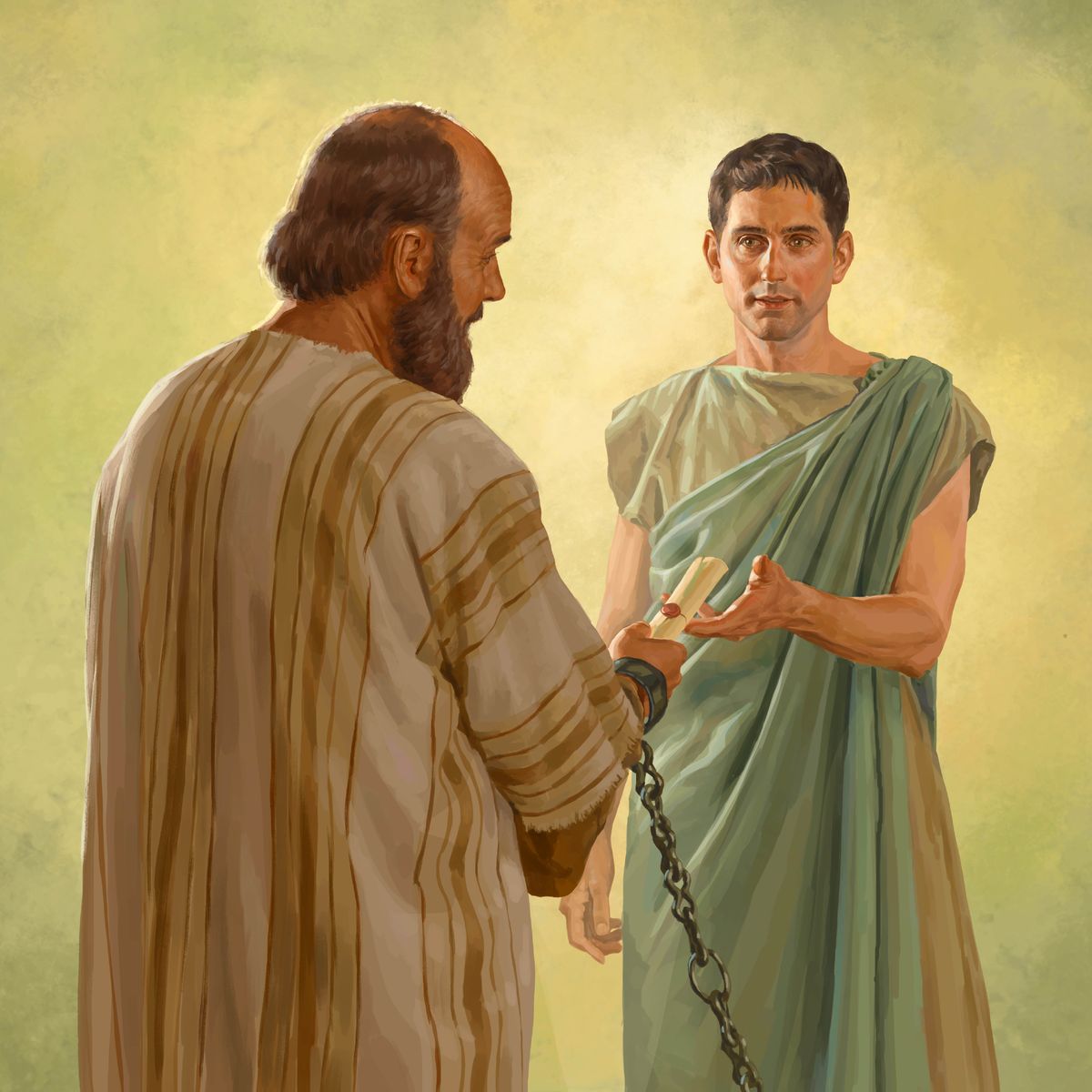 Paulus übergibt Tychikus in Gefangenschaft einen Brief.