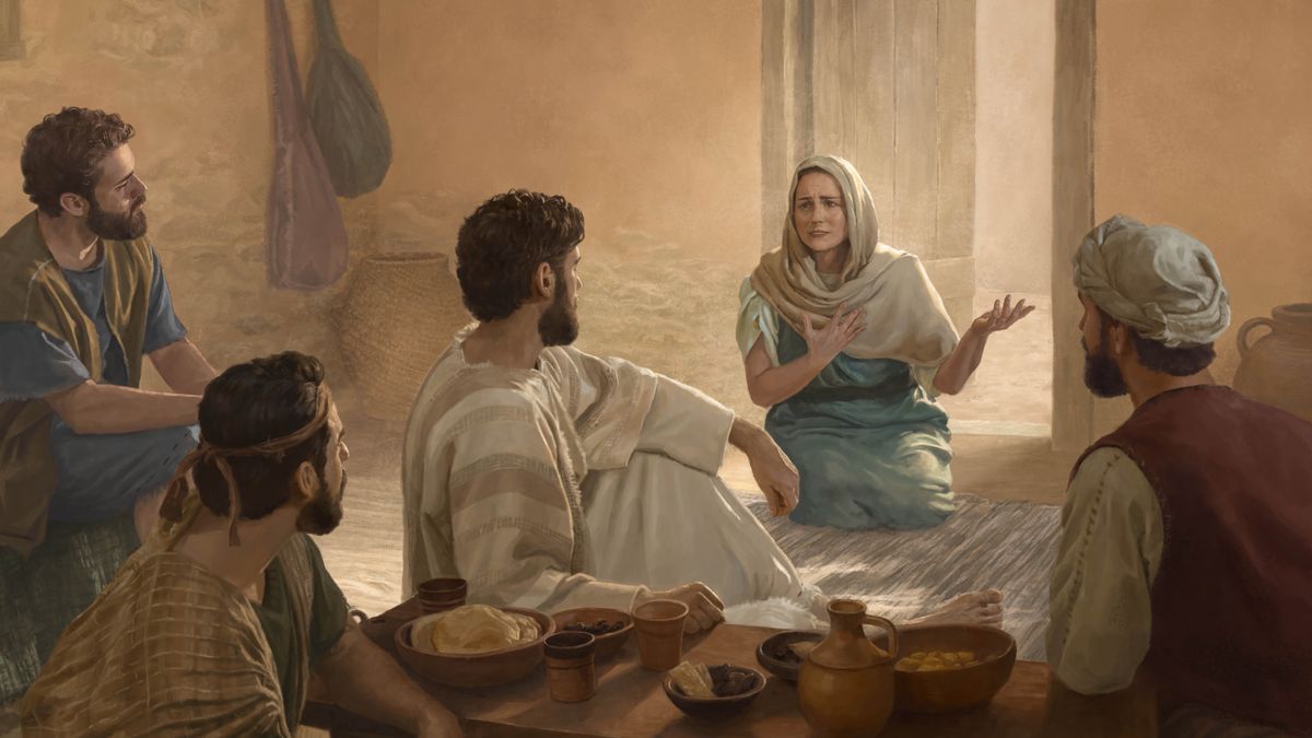 Eine Phönizierin kniet vor Jesus und fleht ihn um Hilfe an. Jesus und drei seiner Jünger sitzen an einem Esstisch und hören ihr zu.